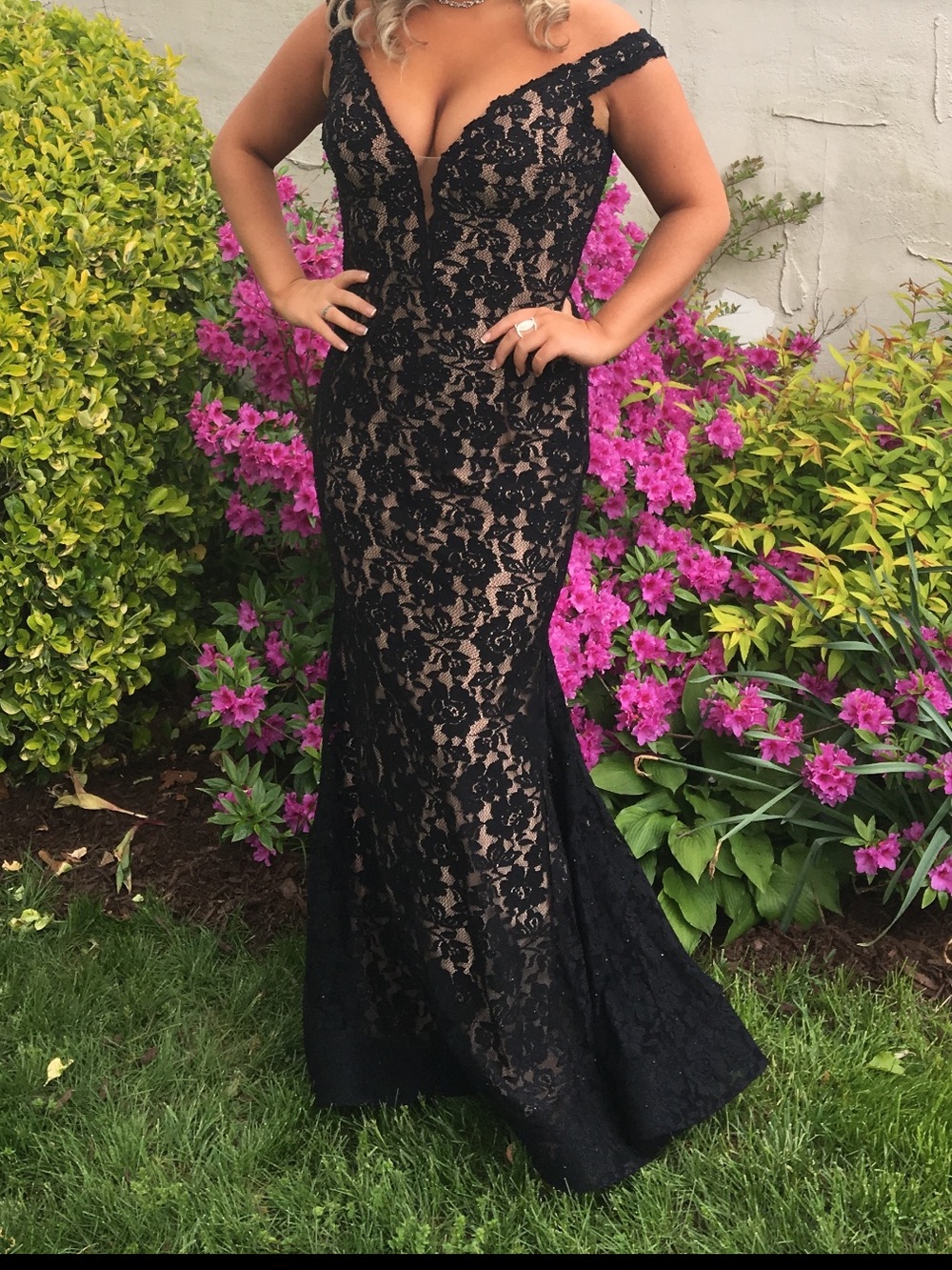 Jovani Black Lace Off-Shoulder Evening Gown